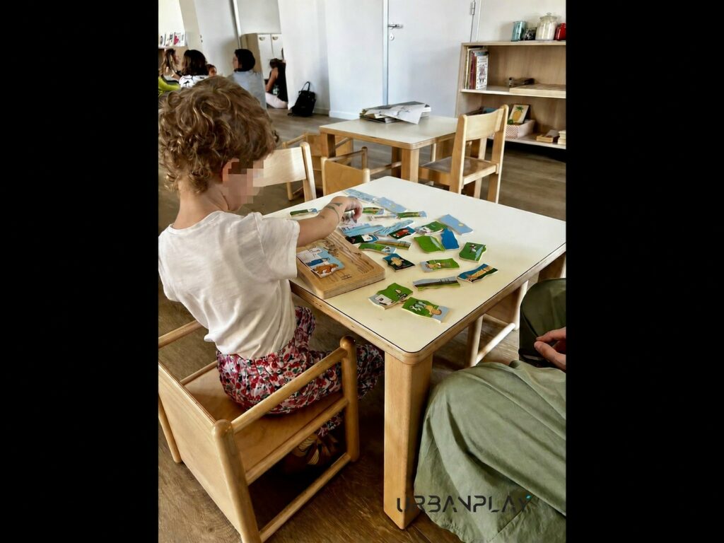 Bambina seduta al tavolo con gioco educativo in legno nello spazio infanzia di Biella
