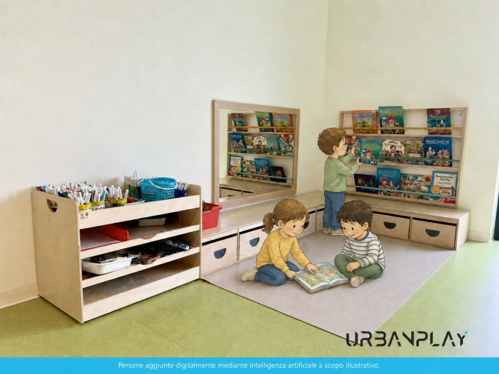 Angolo lettura con libreria frontale, contenitori bassi e specchio nel Polo dell’Infanzia