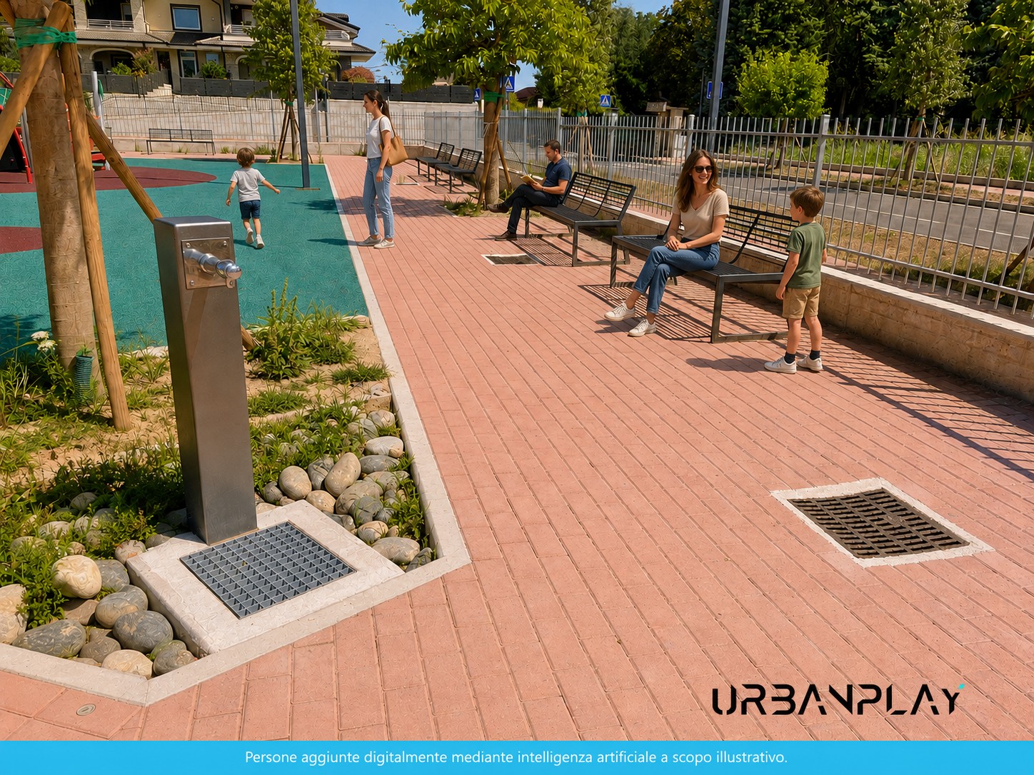 Arredo urbano a Leinì con fontanella Clear e panchine Verdi nel Parco Milva