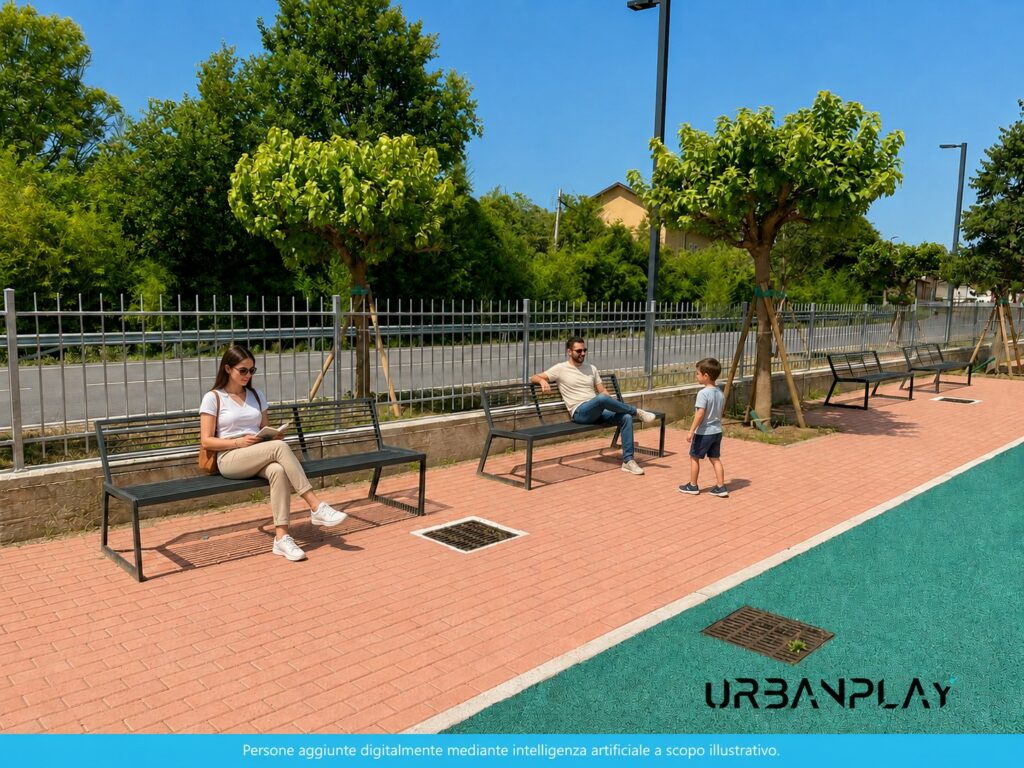 Panchine Verdi Ital Way disposte lungo il percorso dello spazio pubblico di Leinì