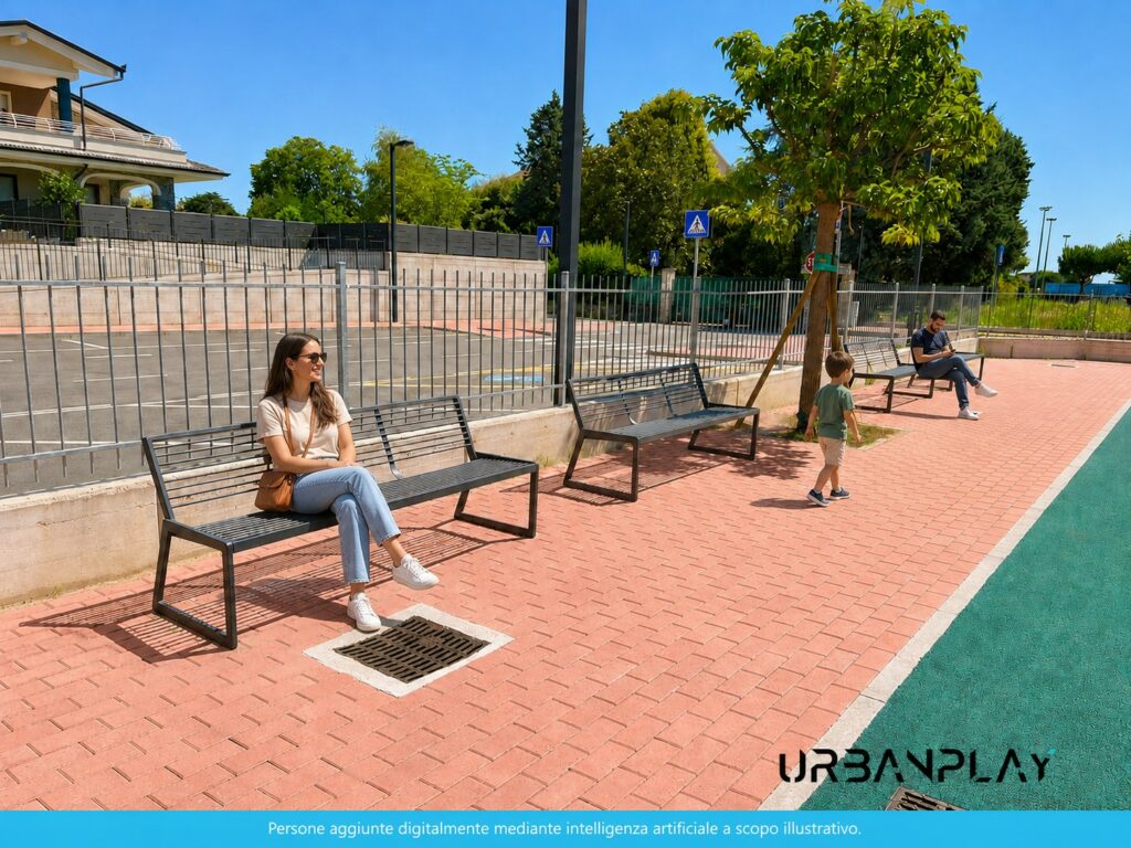 Zona di sosta con panchine Verdi nello spazio pubblico dedicato a Milva a Leinì
