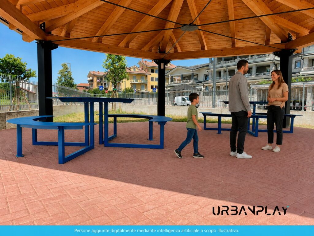Tavoli Pic Niki e zona coperta attrezzata con arredi Ital Way a Leinì