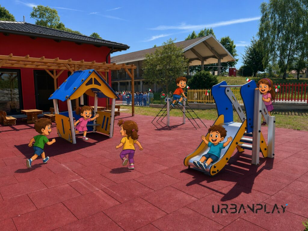 Area giochi esterna dell’Asilo Nido Valchiusella con casetta, scivolo, rete da arrampicata e pavimentazione rossa