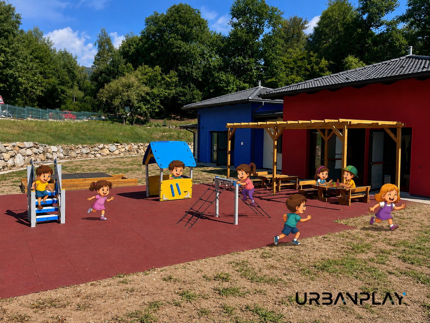Vista generale dell’area giochi dell’Asilo Nido Valchiusella con scivolo, casetta, reti e tavoli in legno