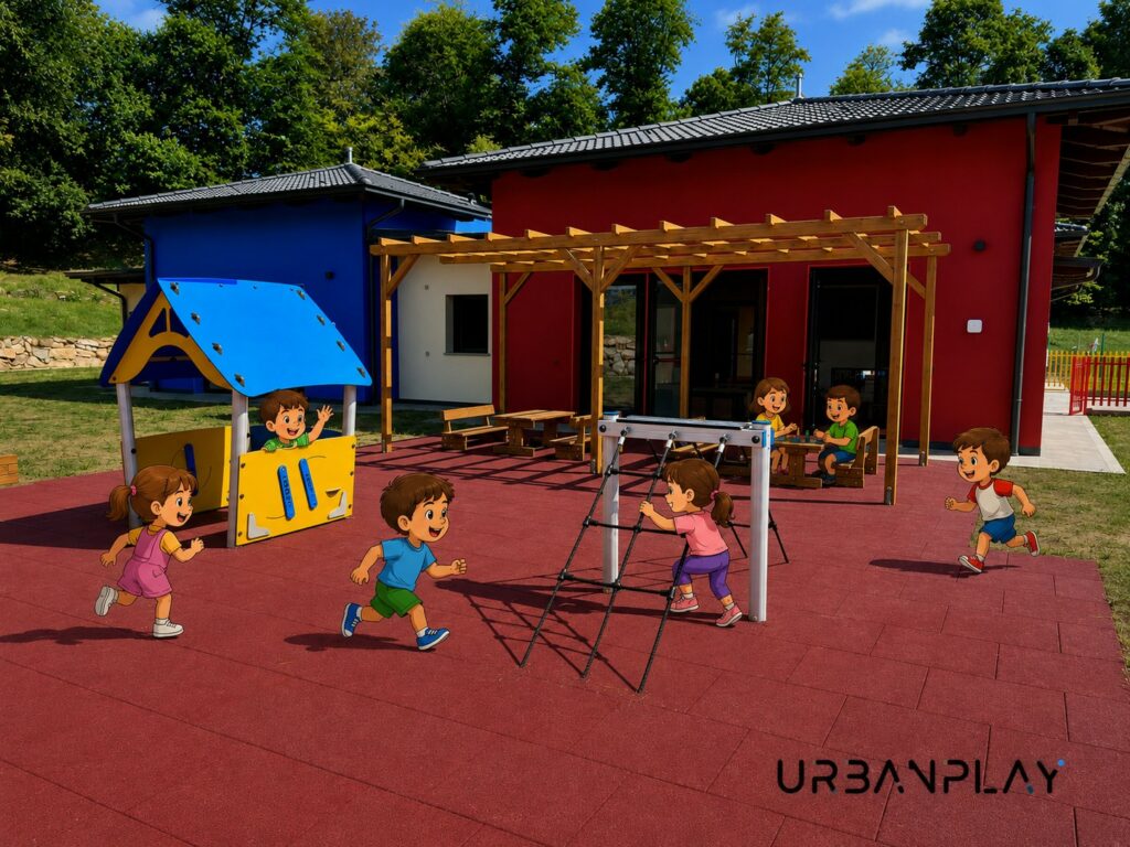 Casetta colorata e struttura bassa con reti nell’area giochi per la prima infanzia a Val di Chy