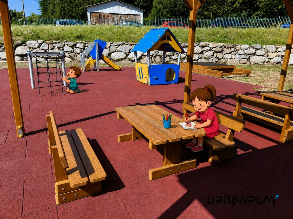 Tavolo e panche in legno con casetta, scivolo e rete da arrampicata sullo sfondo