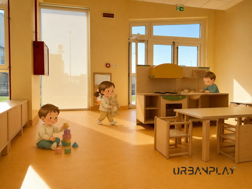 Area per il gioco simbolico con cucina in legno nel nuovo asilo nido di San Maurizio Canavese.