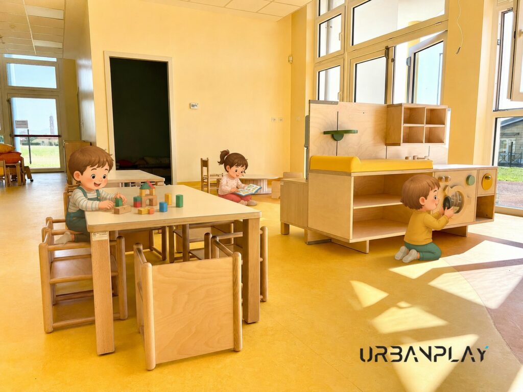 Spazio per il gioco e le attività sensoriali con tavoli e arredo multifunzione nel nuovo asilo nido di San Maurizio Canavese.