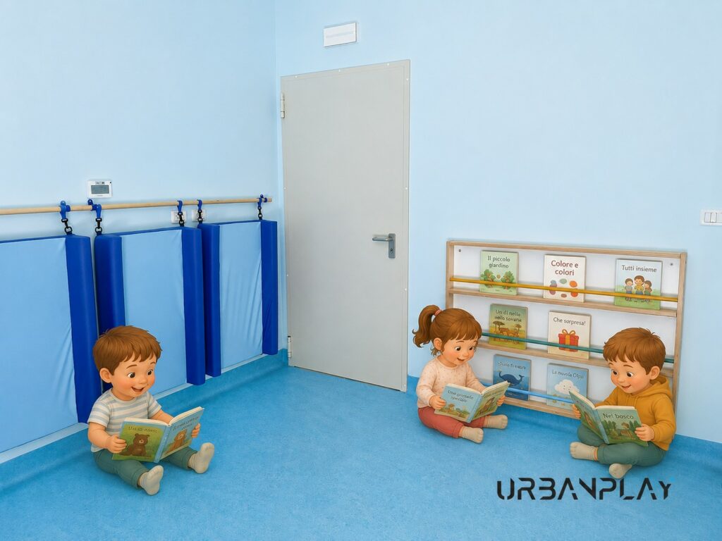 Spazio lettura con libreria frontale e materassini nel nuovo asilo nido di San Maurizio Canavese.