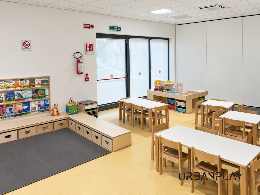Aula arredata con tavoli, sedie, libreria e area per le attività nella scuola di Ciriè