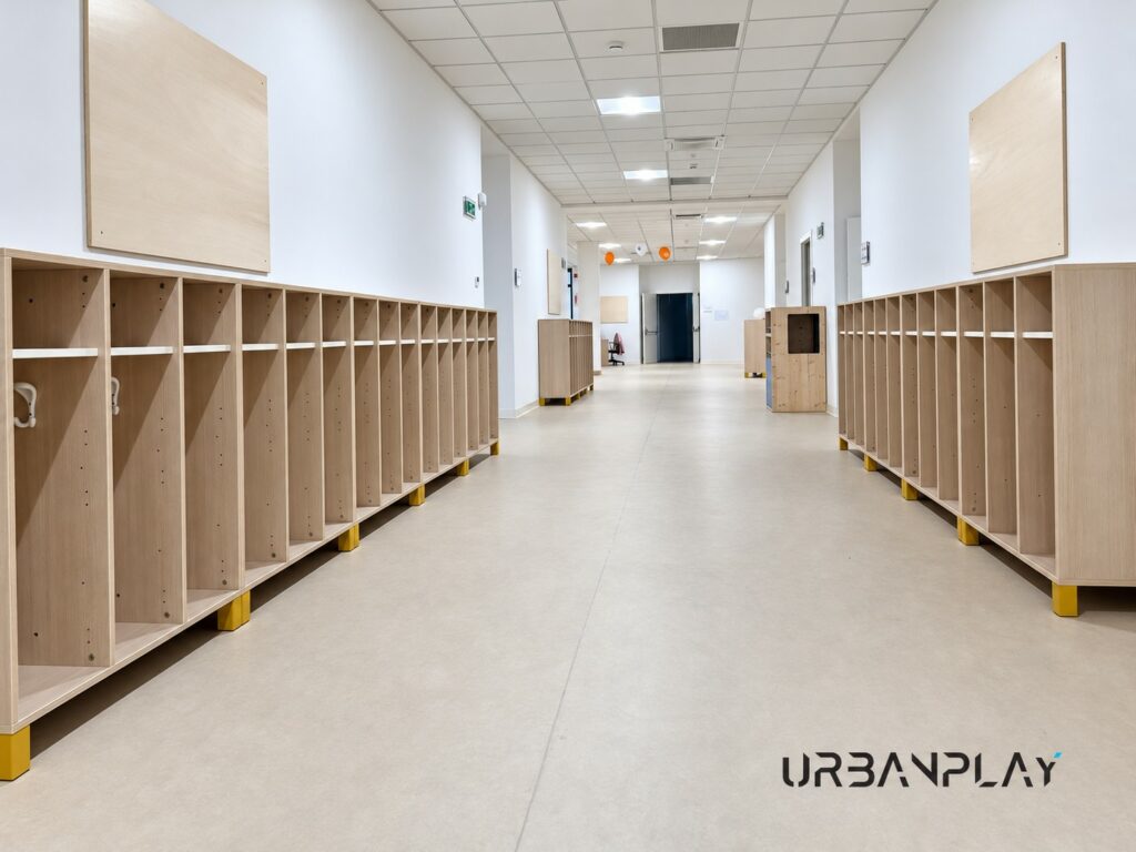 Corridoio della Scuola dell’Infanzia Collodi con mobili guardaroba e vani individuali